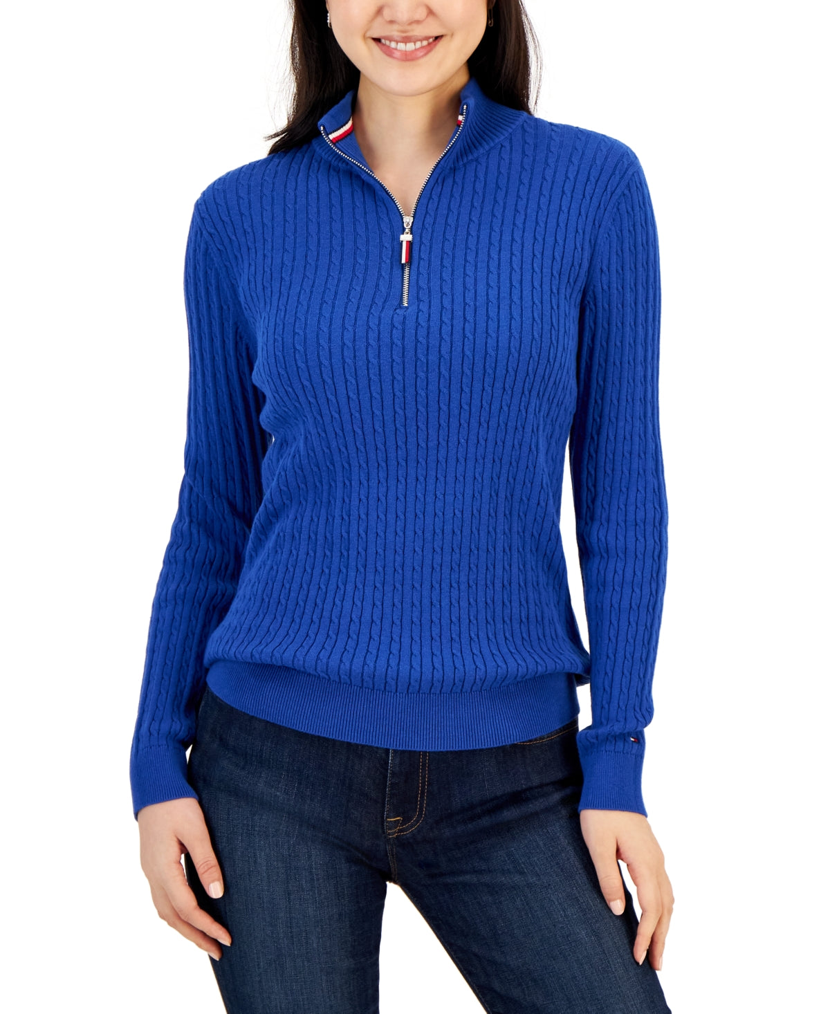 Tommy Hilfiger Suéter Feminino de Algodão com Gola Alta e Malha com Cabo Azul Tamanho Médio