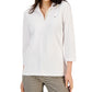 Polo Tommy Hilfiger feminino listrado com gola Johnny e manga 3/4, branco, tamanho XX-G