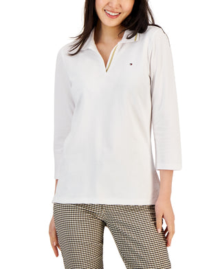 Polo Tommy Hilfiger feminino listrado com gola Johnny e manga 3/4, branco, tamanho XX-G