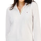 Polo Tommy Hilfiger feminino listrado com gola Johnny e manga 3/4, branco, tamanho XX-G