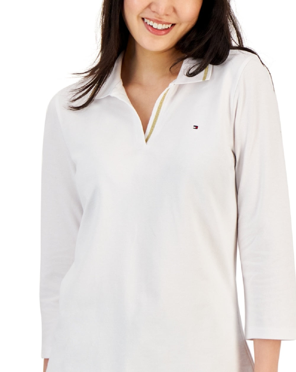 Polo Tommy Hilfiger feminino listrado com gola Johnny e manga 3/4, branco, tamanho XX-G