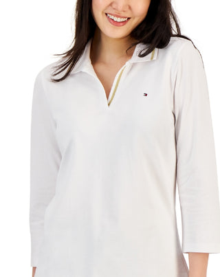 Polo Tommy Hilfiger feminino listrado com gola Johnny e manga 3/4, branco, tamanho XX-G