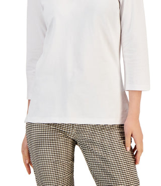 Polo Tommy Hilfiger feminino listrado com gola Johnny e manga 3/4, branco, tamanho XX-G