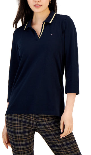 Polo Tommy Hilfiger Feminino Listrado Gola Johnny Manga 3/4 Azul Tamanho Médio
