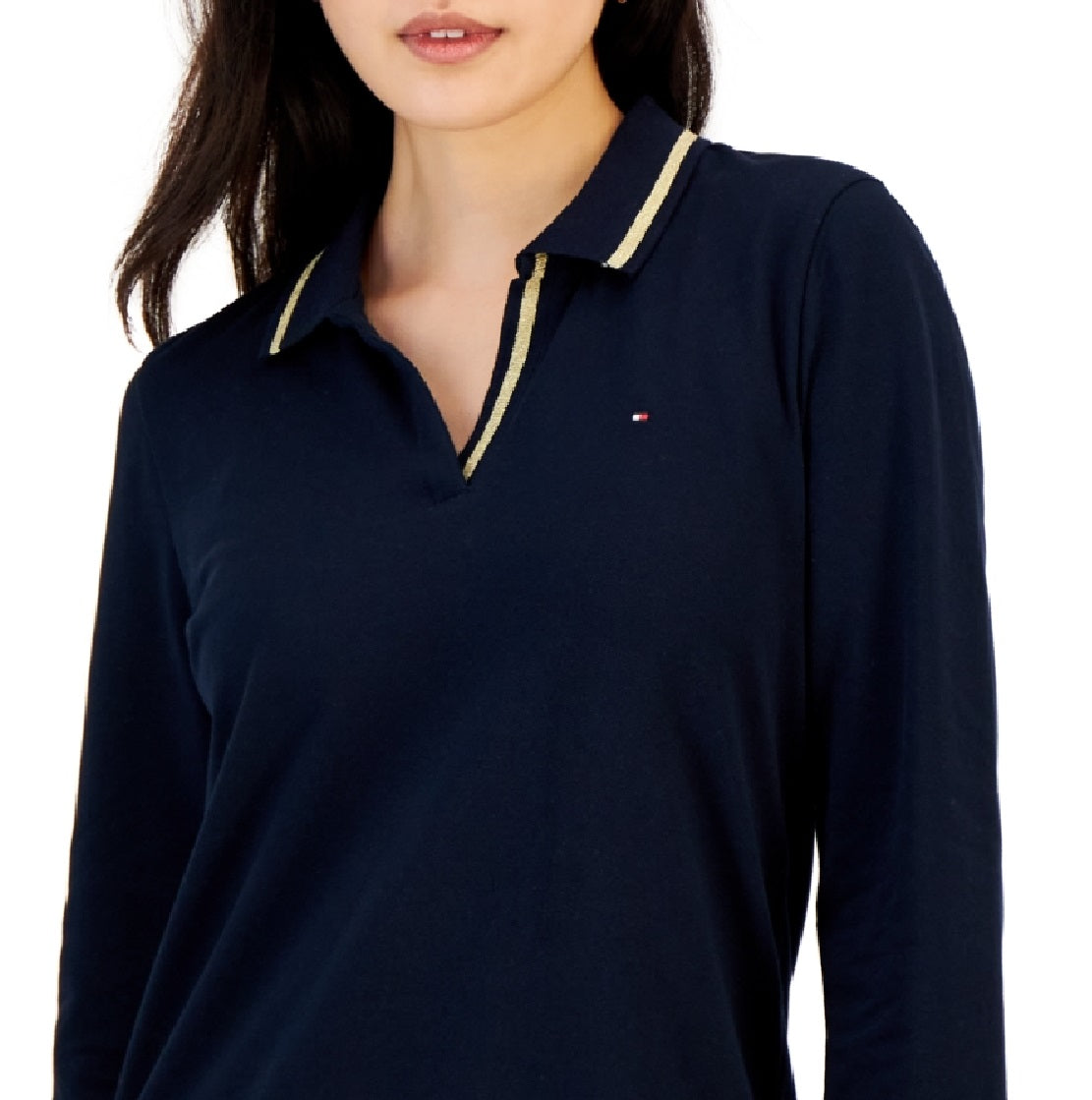 Polo Tommy Hilfiger Feminino Listrado Gola Johnny Manga 3/4 Azul Tamanho Médio