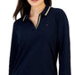 Polo Tommy Hilfiger feminino listrado com gola Johnny e manga 3/4, azul