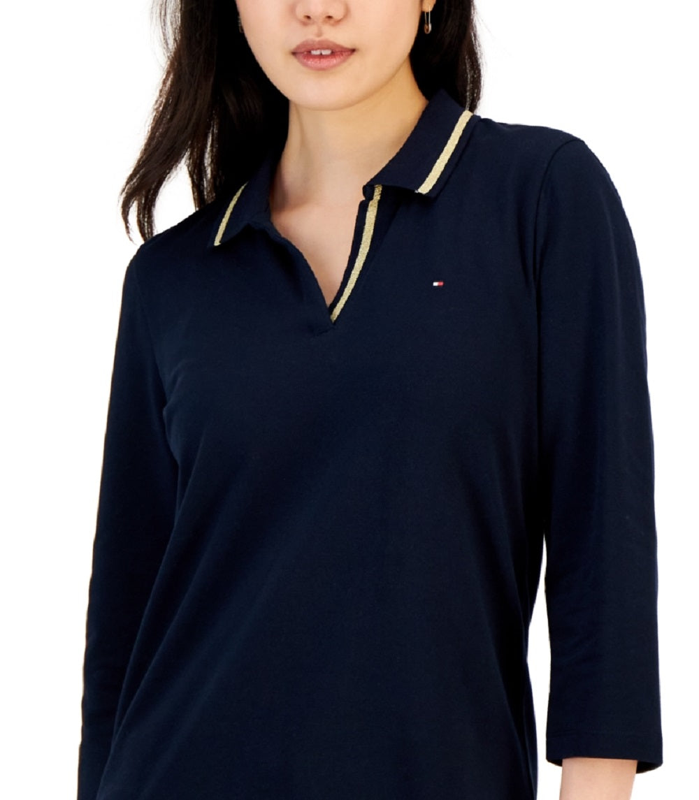 Polo Tommy Hilfiger feminino listrado com gola Johnny e manga 3/4, azul