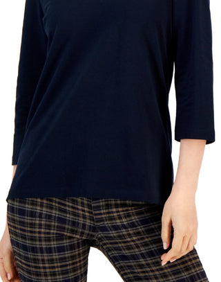 Polo Tommy Hilfiger feminino listrado com gola Johnny e manga 3/4, azul