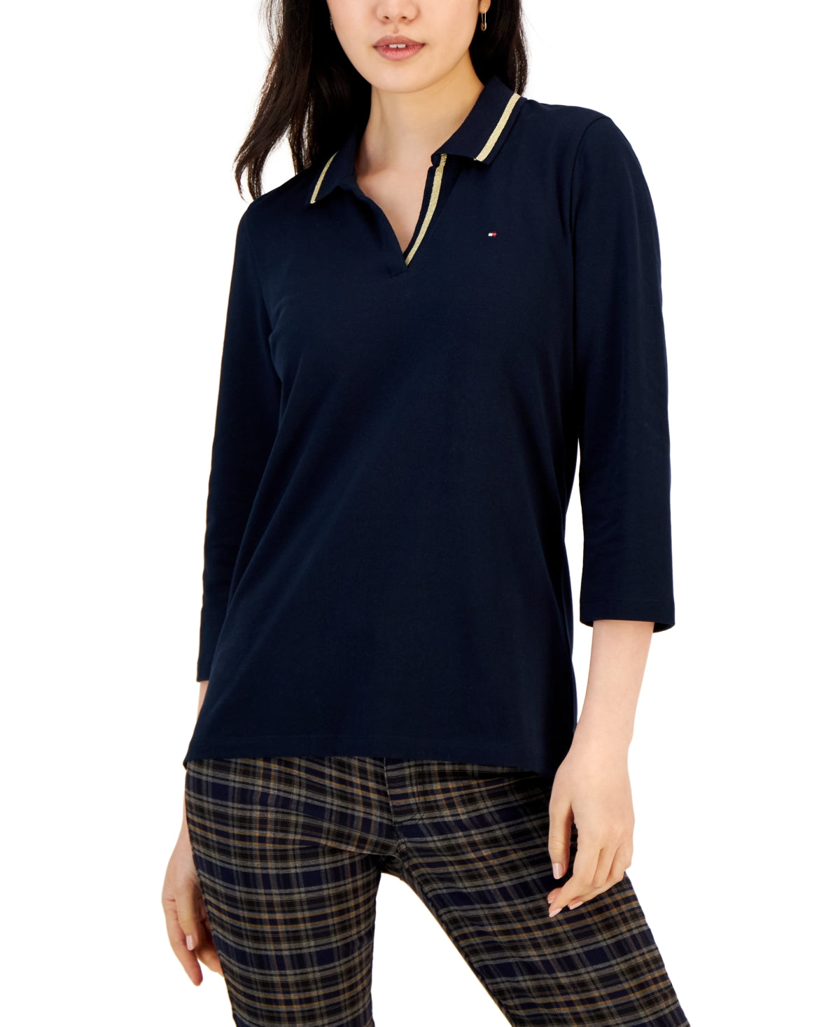 Polo Tommy Hilfiger feminino listrado com gola Johnny e manga 3/4, azul