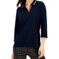 Polo Tommy Hilfiger feminino listrado com gola Johnny e manga 3/4, azul