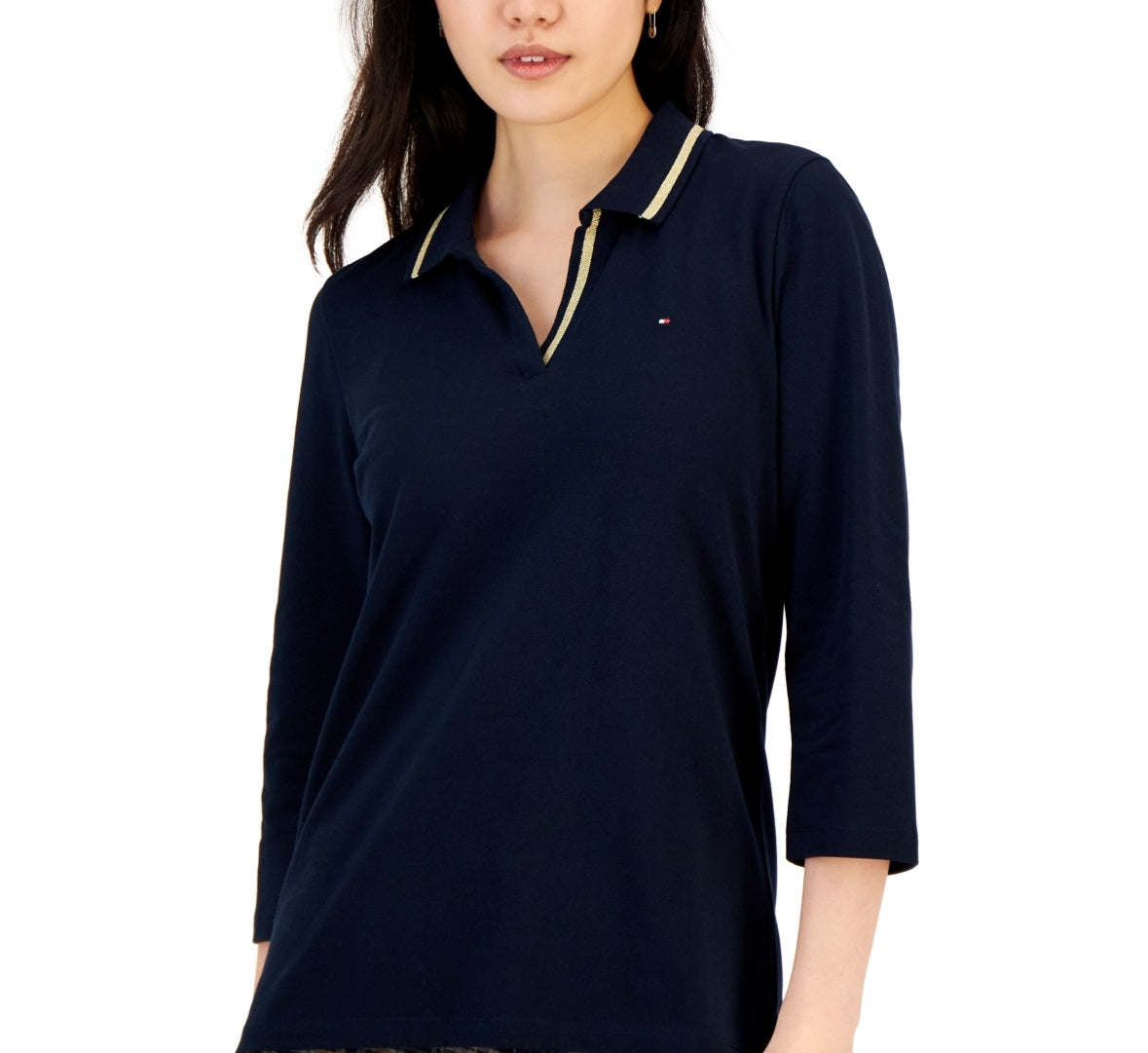 Polo Tommy Hilfiger feminino listrado com gola Johnny e manga 3/4, azul