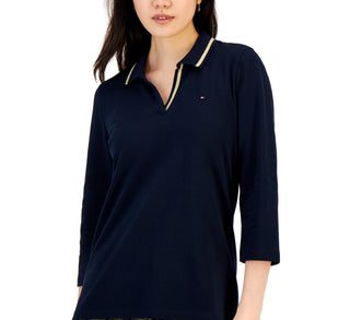 Polo Tommy Hilfiger feminino listrado com gola Johnny e manga 3/4, azul