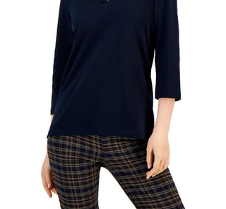 Polo Tommy Hilfiger feminino listrado com gola Johnny e manga 3/4, azul