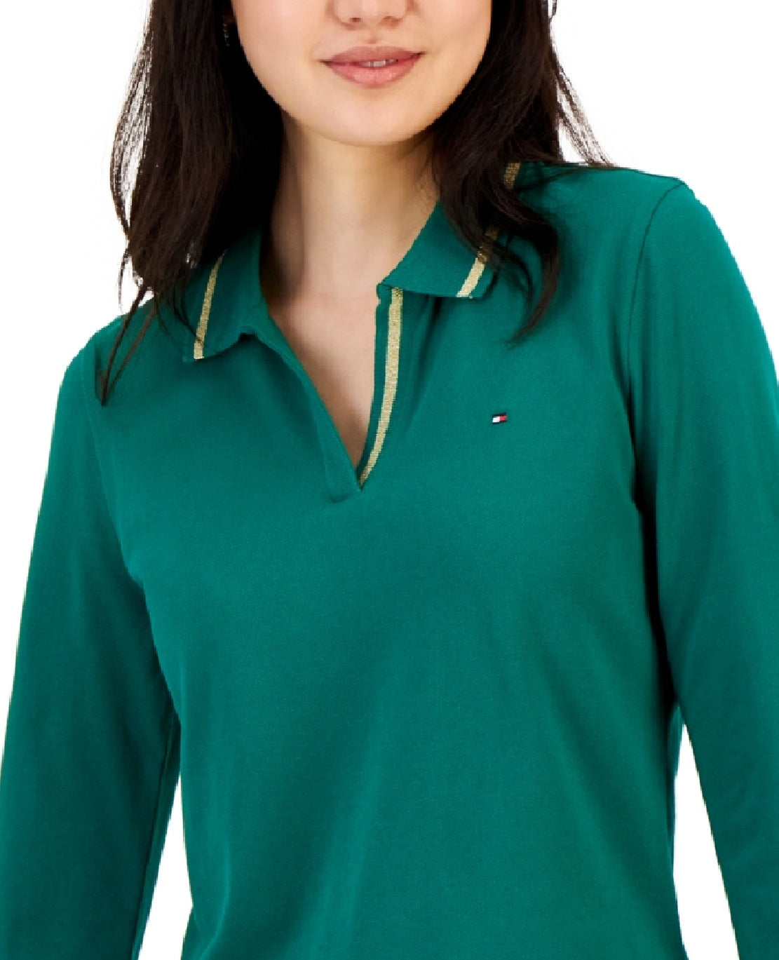 Polo Tommy Hilfiger feminino listrado com gola Johnny e manga 3/4, verde