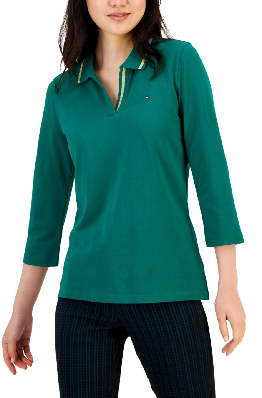 Polo Tommy Hilfiger feminino listrado com gola Johnny e manga 3/4, verde