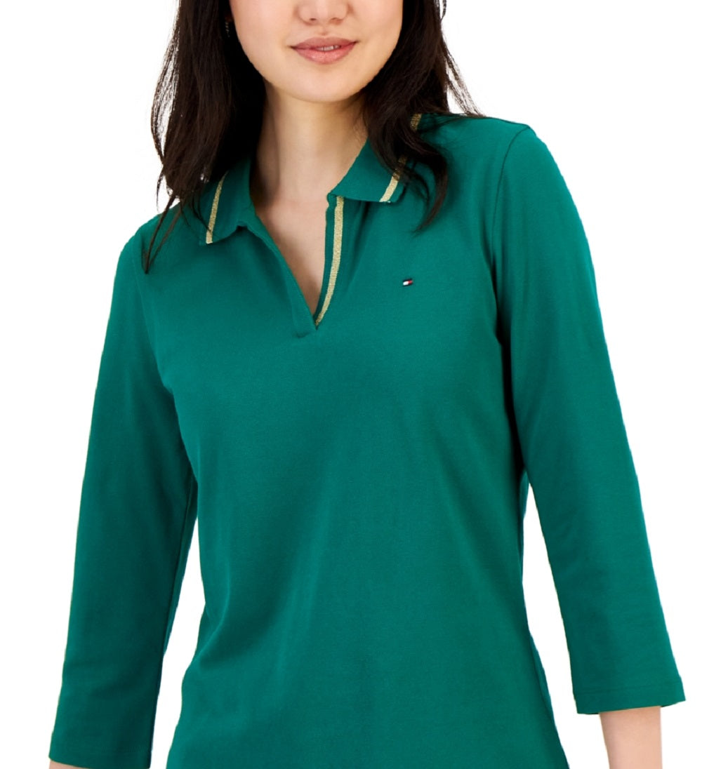 Polo Tommy Hilfiger feminino listrado com gola Johnny e manga 3/4, verde