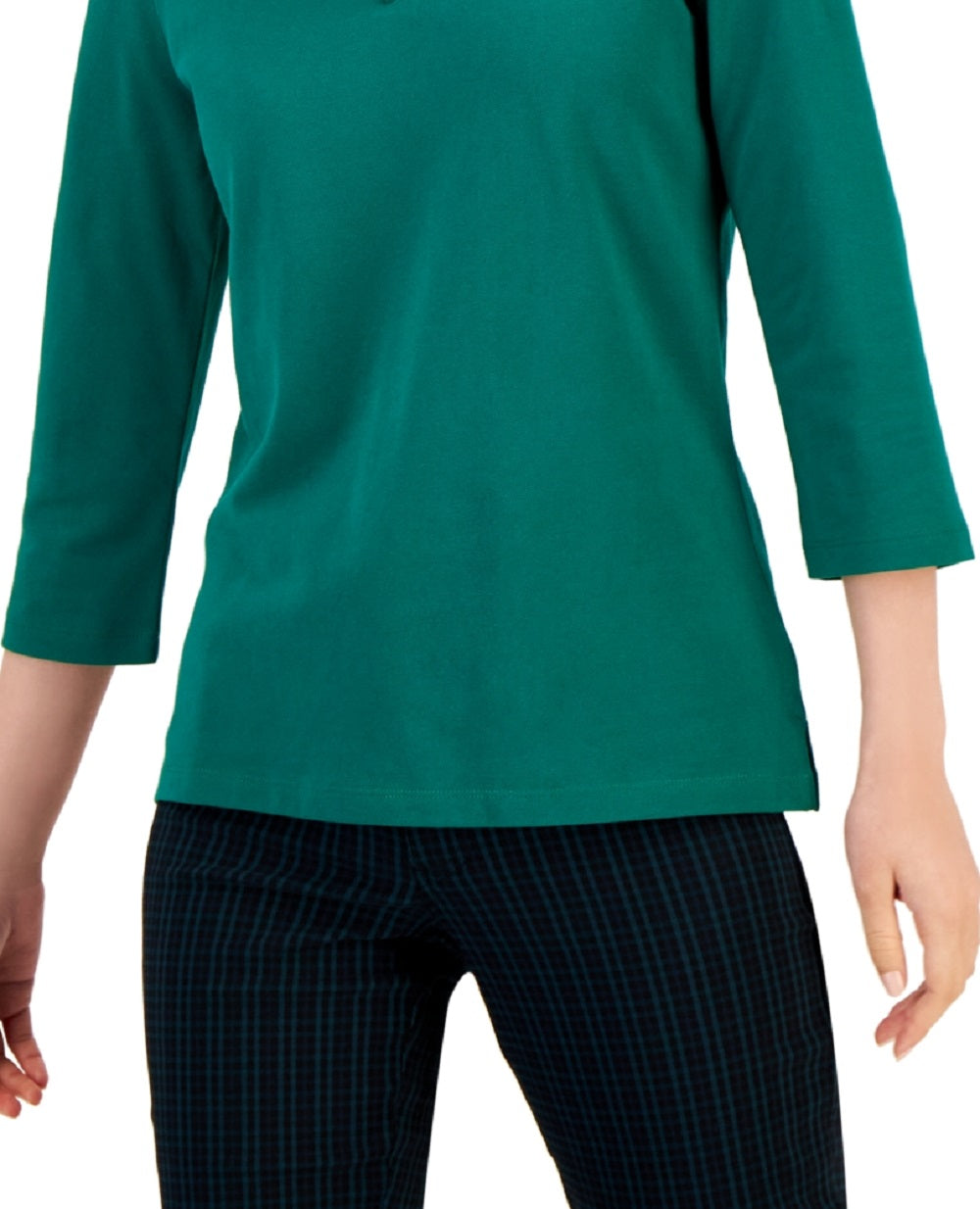 Polo Tommy Hilfiger feminino listrado com gola Johnny e manga 3/4, verde