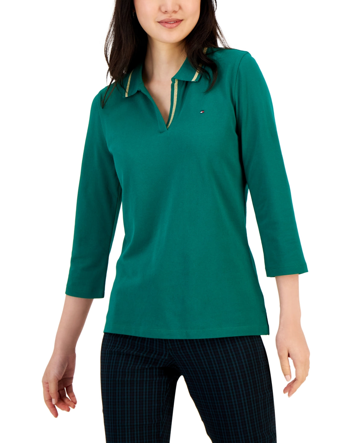 Polo Tommy Hilfiger feminino listrado com gola Johnny e manga 3/4, verde
