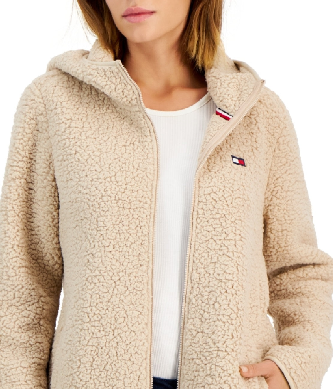 Jaqueta de lã com capuz feminina Tommy Hilfiger, marrom, tamanho XS