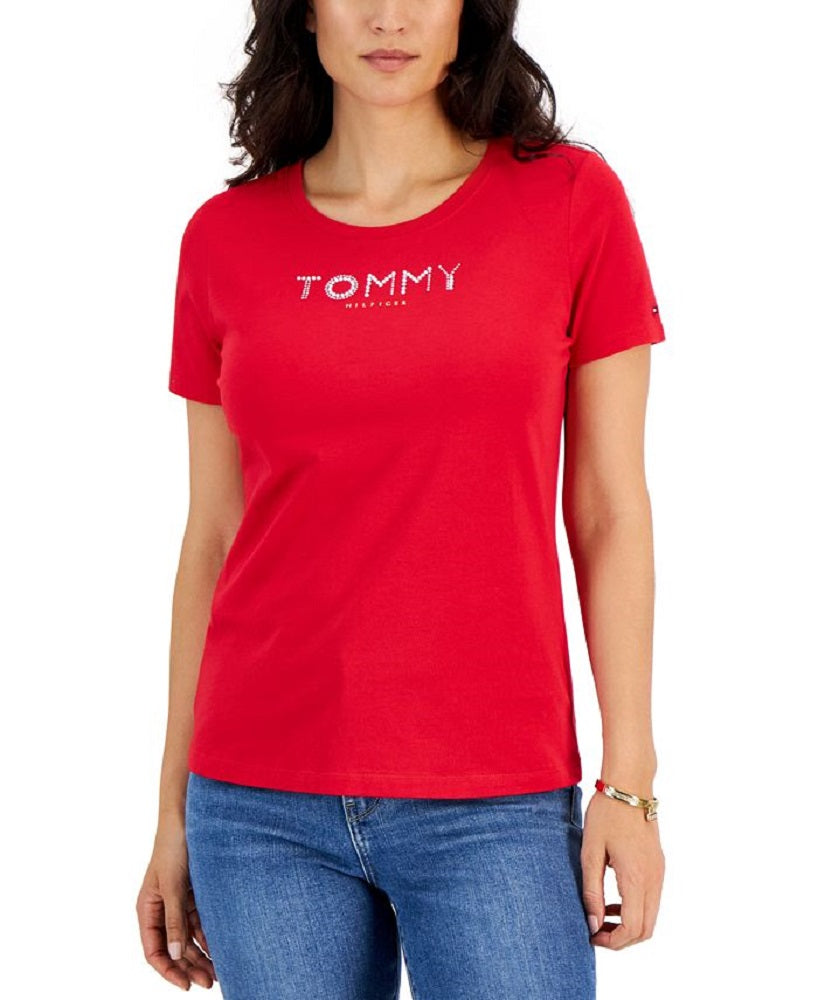 Camiseta feminina Tommy Hilfiger com gola redonda e strass, vermelha, tamanho XS