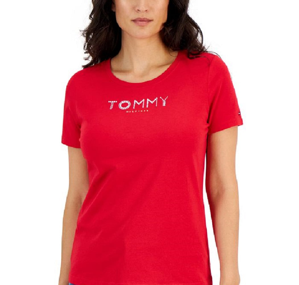 Camiseta feminina Tommy Hilfiger com gola redonda e strass, vermelha, tamanho XS