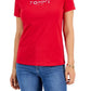 Camiseta feminina Tommy Hilfiger com gola redonda e strass, vermelha, tamanho XS