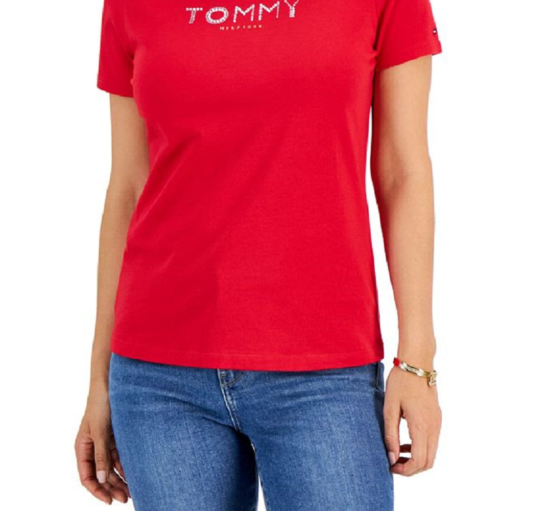 Camiseta feminina Tommy Hilfiger com gola redonda e strass, vermelha, tamanho XS