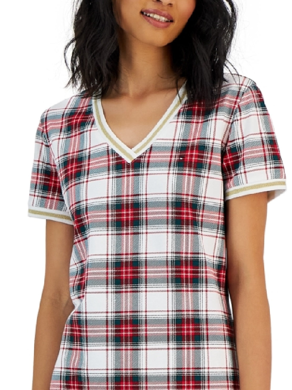 Vestido feminino Tommy Hilfiger xadrez com acabamento metálico e decote em V, branco