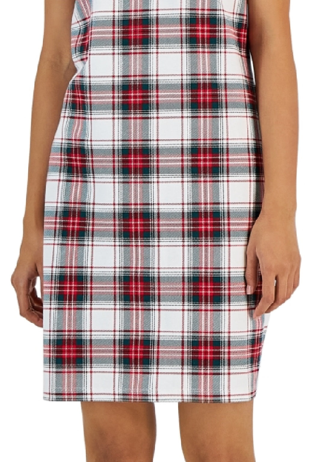 Vestido feminino Tommy Hilfiger xadrez com acabamento metálico e decote em V, branco