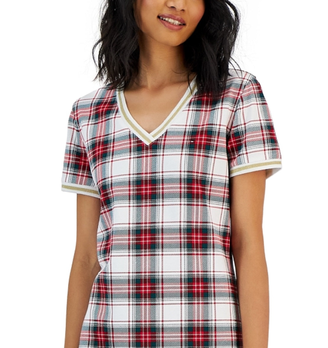 Vestido feminino Tommy Hilfiger xadrez com acabamento metálico e decote em V, branco