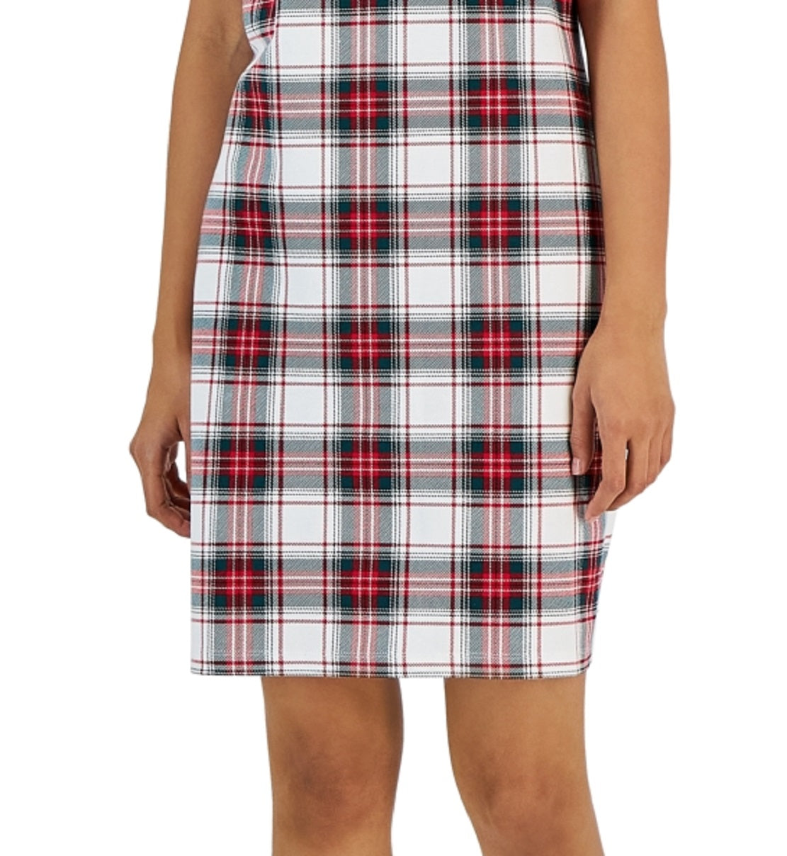 Vestido feminino Tommy Hilfiger xadrez com acabamento metálico e decote em V, branco