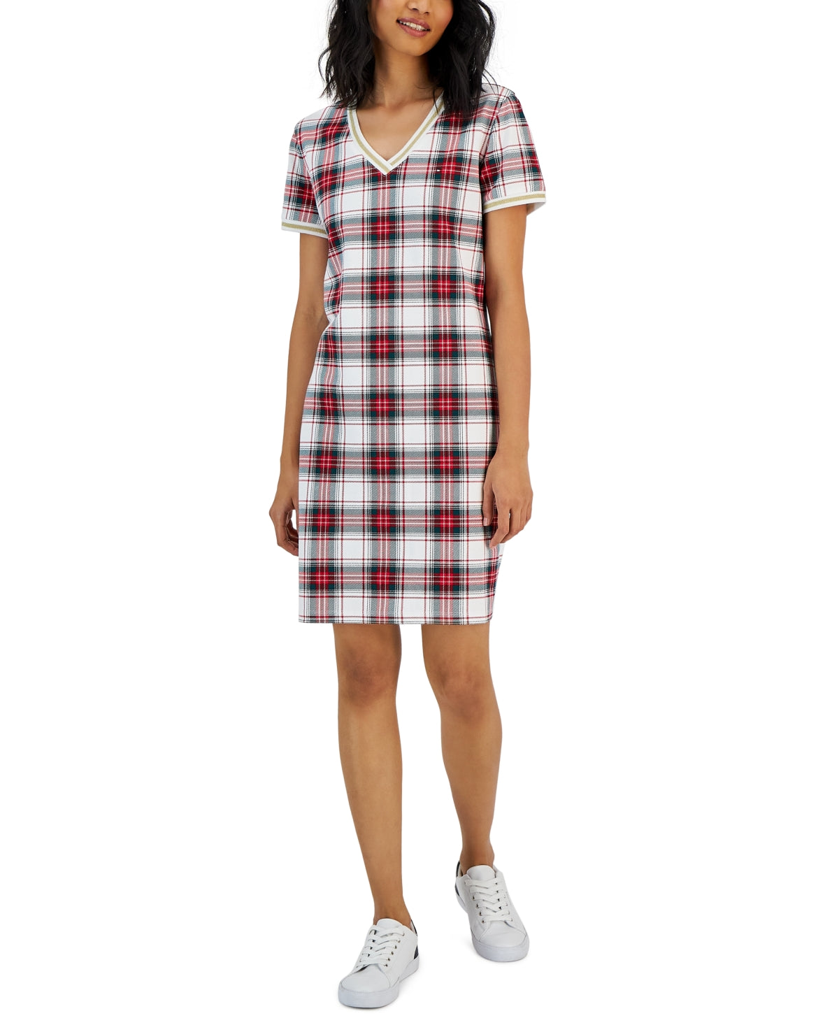 Vestido feminino Tommy Hilfiger xadrez com acabamento metálico e decote em V, branco