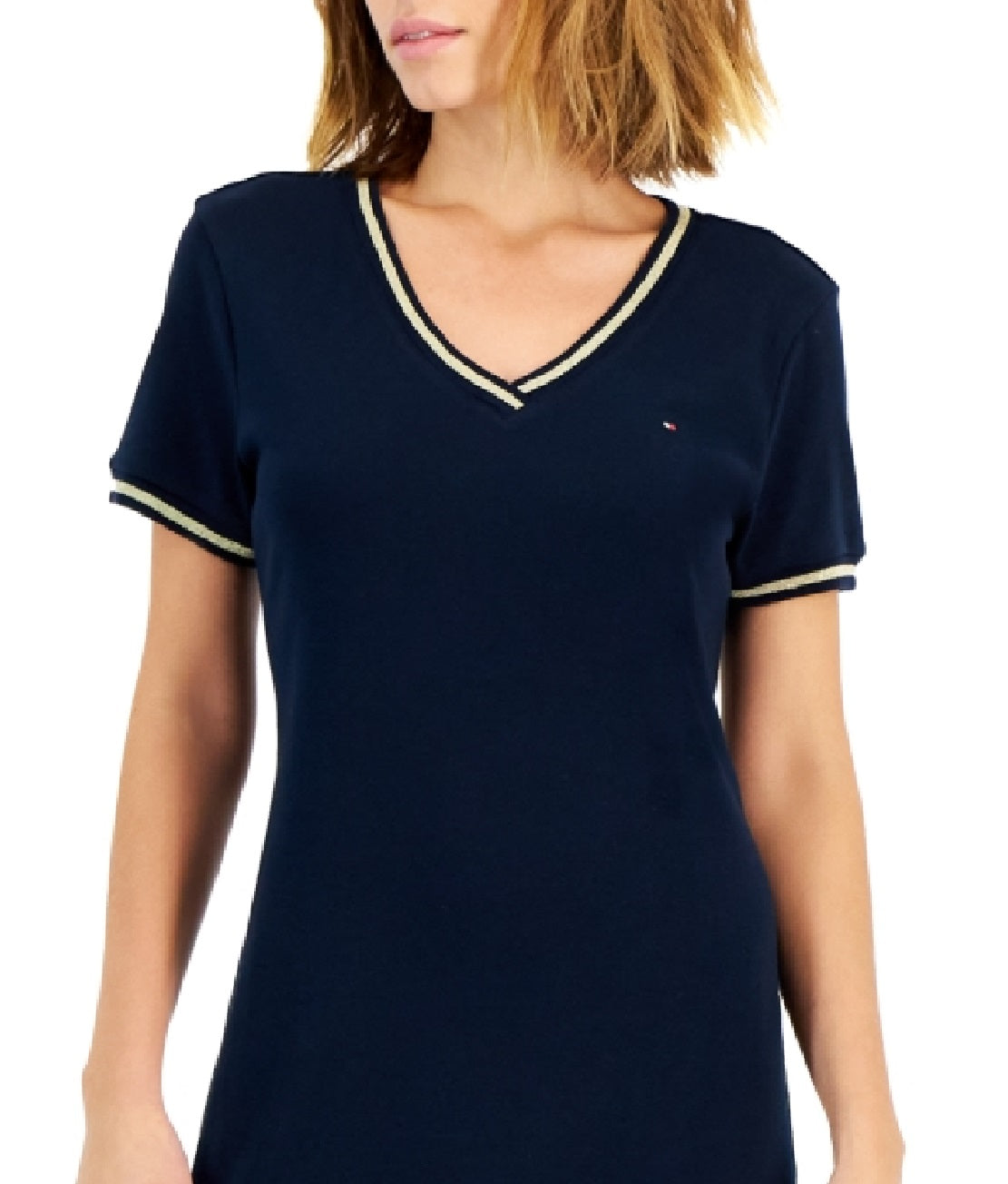 Vestido Tommy Hilfiger Feminino de Algodão com Decote em V e Manga Curta Azul Tamanho XX-G