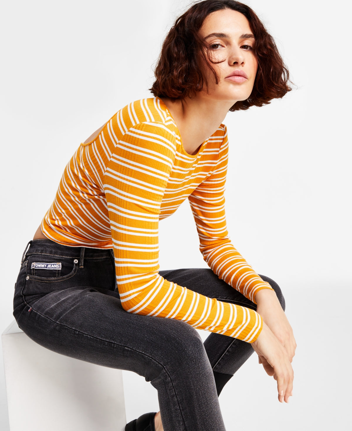 Tommy Jeans Feminino Recorte Costas Listrado Canelado Top Amarelo Tamanho Grande