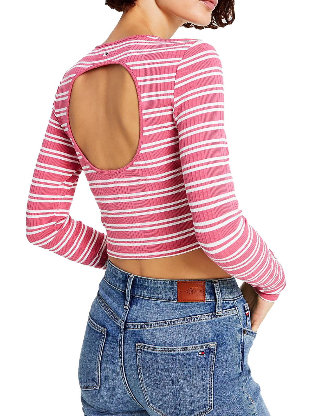 Tommy Jeans Feminino Recorte Costas Listrado Canelado Top Rosa Tamanho P