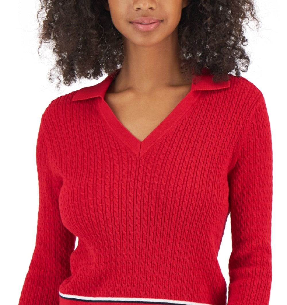 Tommy Hilfiger Suéter Feminino de Algodão Johnny Collar em Tricô com Cordão Vermelho Tamanho X-G