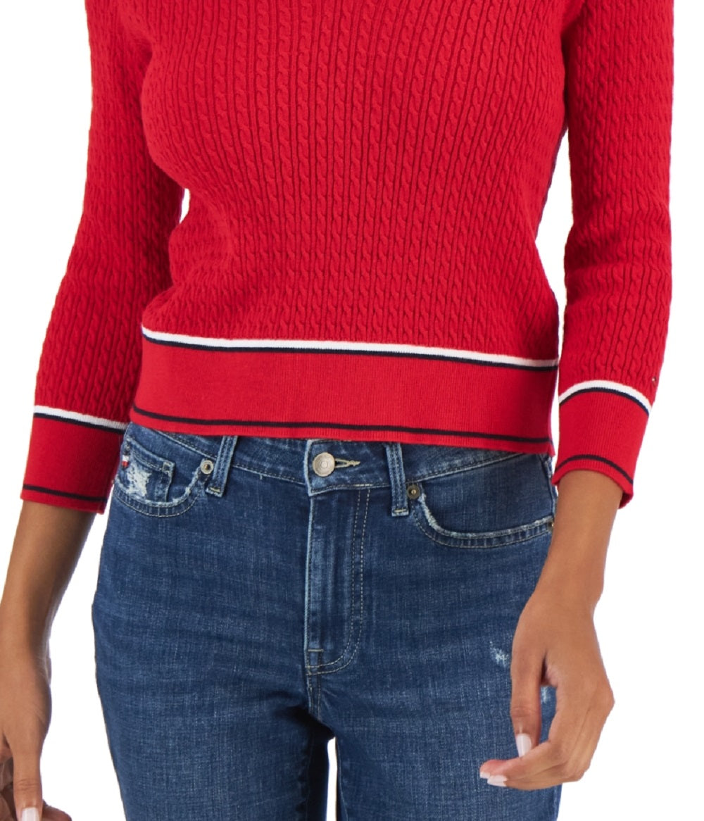 Tommy Hilfiger Suéter Feminino de Algodão Johnny Collar em Tricô com Cordão Vermelho Tamanho X-G