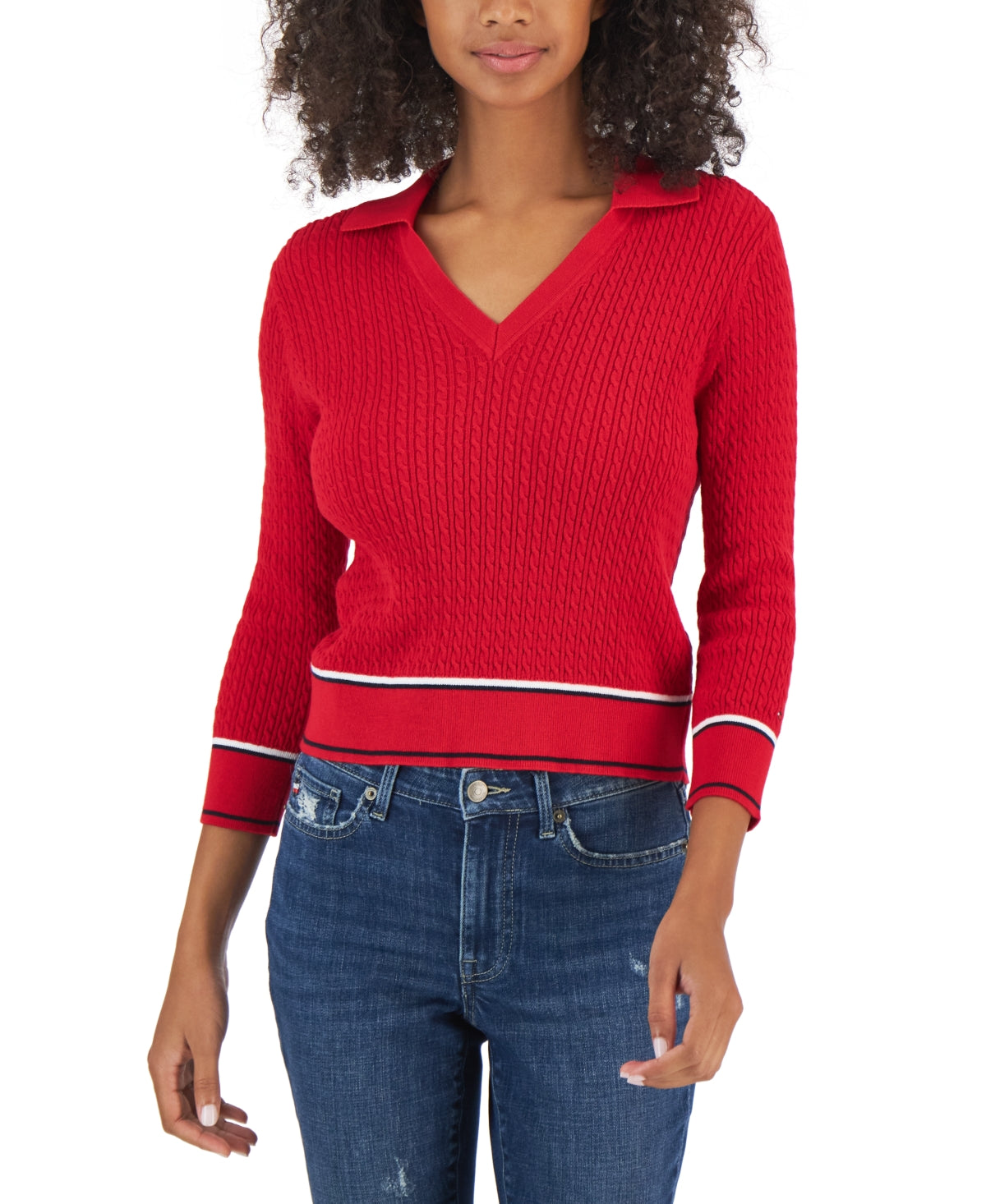 Tommy Hilfiger Suéter Feminino de Algodão Johnny Collar em Tricô com Cordão Vermelho Tamanho X-G