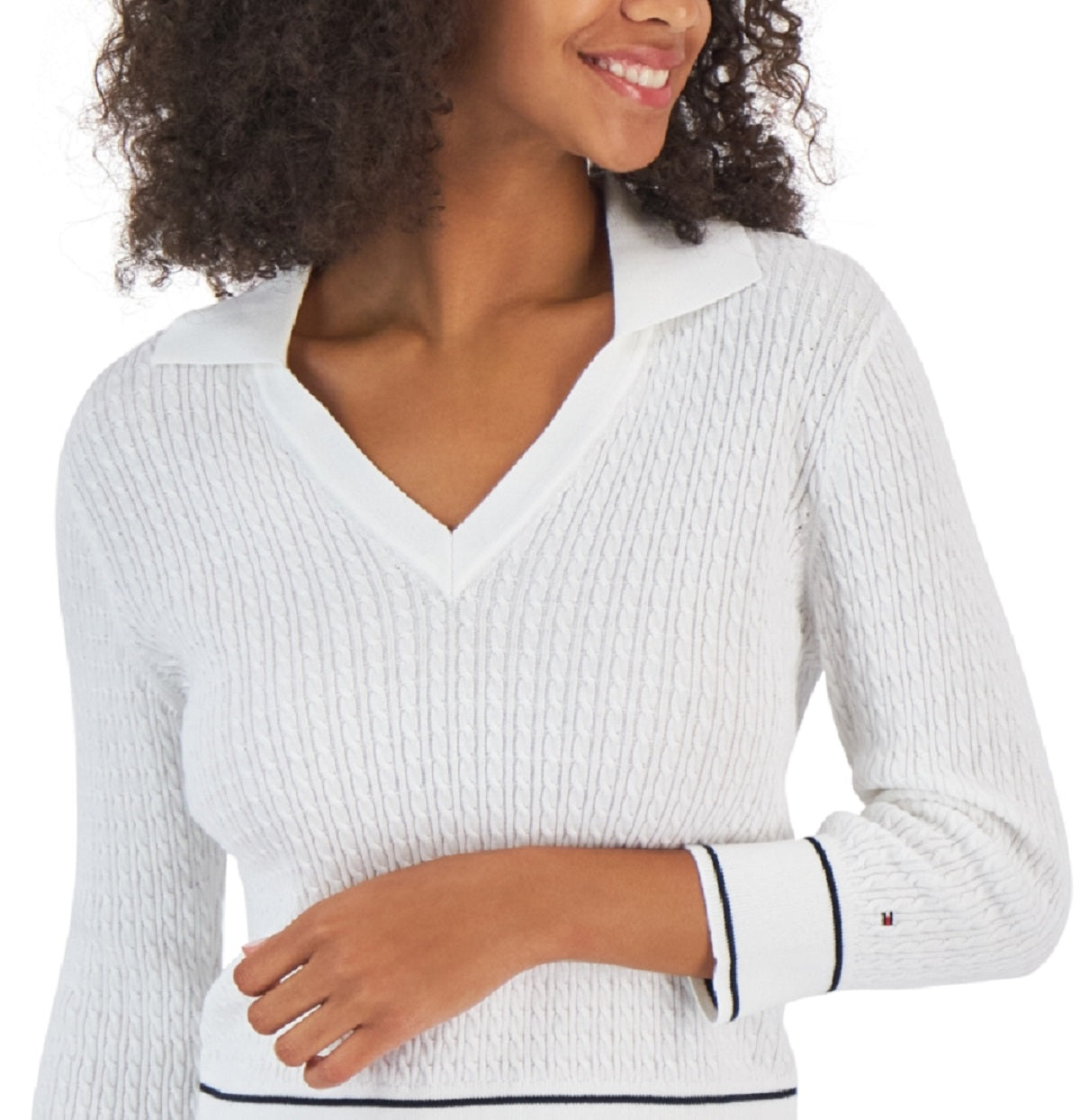 Tommy Hilfiger Suéter Feminino de Algodão com Gola Johnny em Tricô com Cabo, Branco, Tamanho X-G