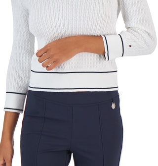 Tommy Hilfiger Suéter Feminino de Algodão com Gola Johnny em Tricô com Cabo, Branco, Tamanho X-G