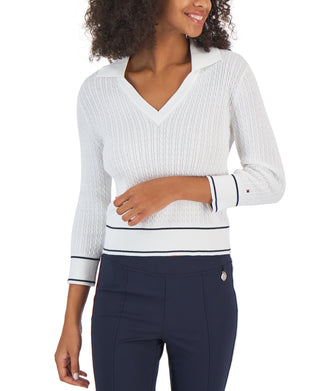 Tommy Hilfiger Suéter Feminino de Algodão com Gola Johnny em Tricô com Cabo, Branco, Tamanho X-G
