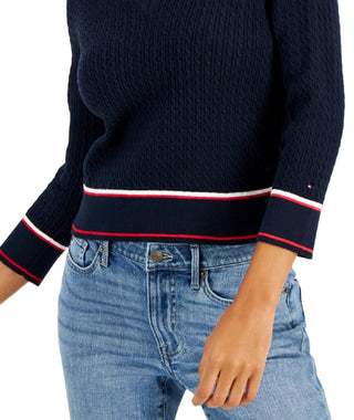 Tommy Hilfiger Suéter Feminino de Algodão com Gola Johnny em Tricô com Cabo Azul Tamanho X-G