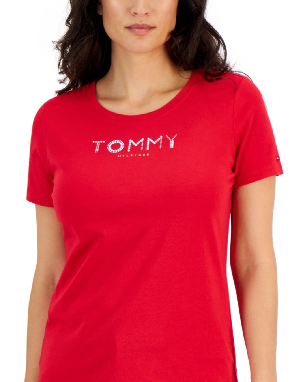 Camiseta feminina Tommy Hilfiger com gola redonda e strass, vermelha, tamanho extragrande