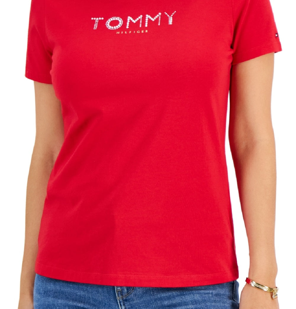 Camiseta feminina Tommy Hilfiger com gola redonda e strass, vermelha, tamanho extragrande