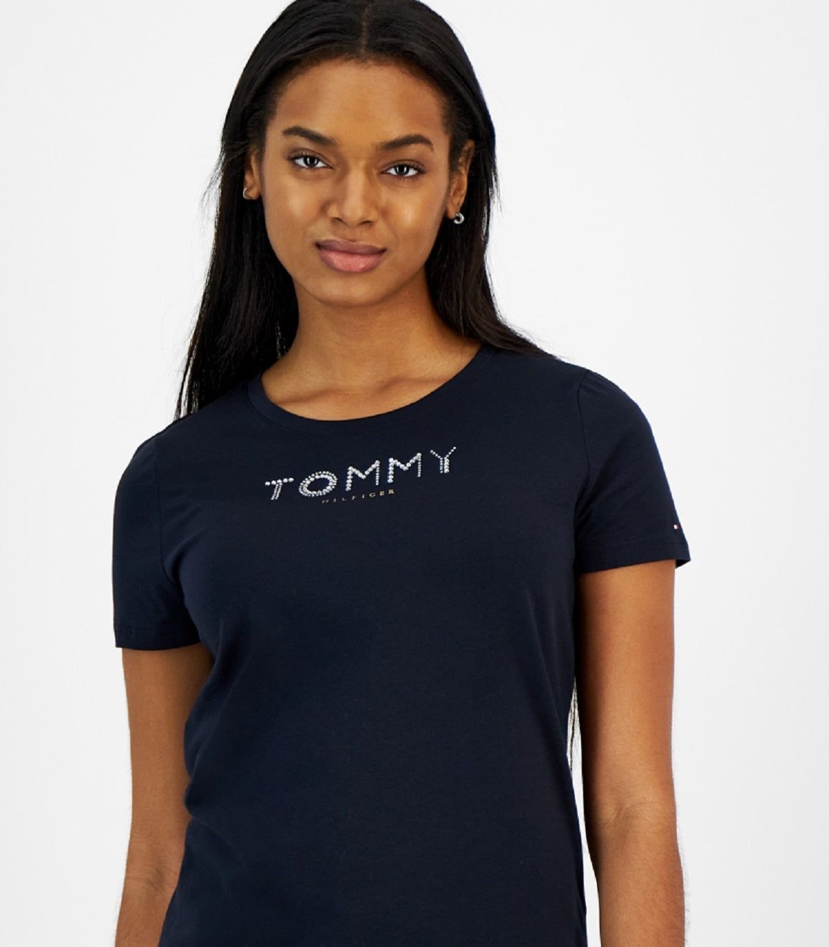 Camiseta Tommy Hilfiger Feminina Gola Redonda com Strass Azul Marinho