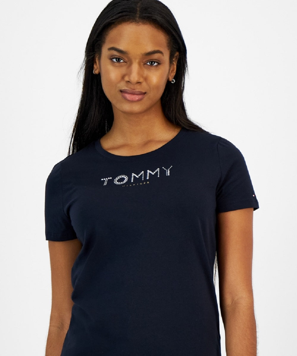 Camiseta Tommy Hilfiger Feminina Gola Redonda com Strass Azul Marinho