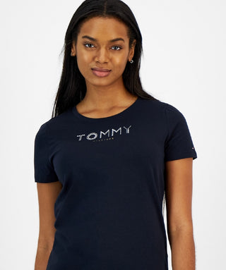 Camiseta Tommy Hilfiger Feminina Gola Redonda com Strass Azul Marinho