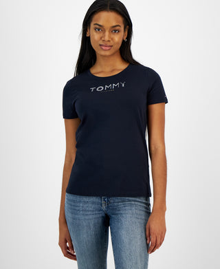 Camiseta Tommy Hilfiger Feminina Gola Redonda com Strass Azul Marinho