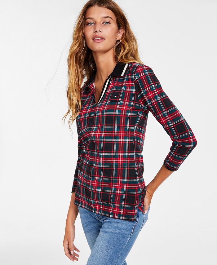 Tommy Hilfiger Blusa Feminina Johnny Collar Manga 3/4 Preta Tamanho Grande