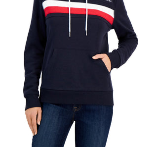Tommy Hilfiger Moletom com capuz feminino com bolso frontal e logotipo, azul, tamanho extragrande